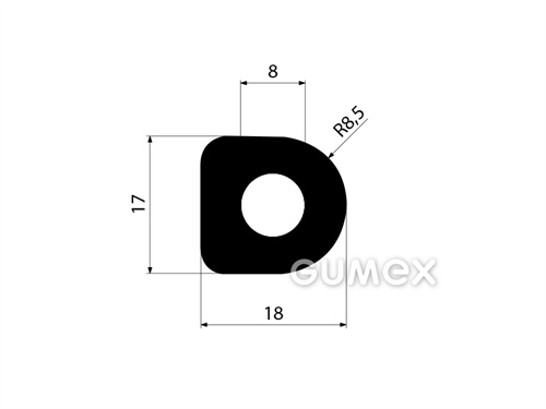 Pryžový profil tvaru "D" s dutinkou, 17x18/R8,5mm, 70°ShA, NBR, -40°C/+70°C, černý